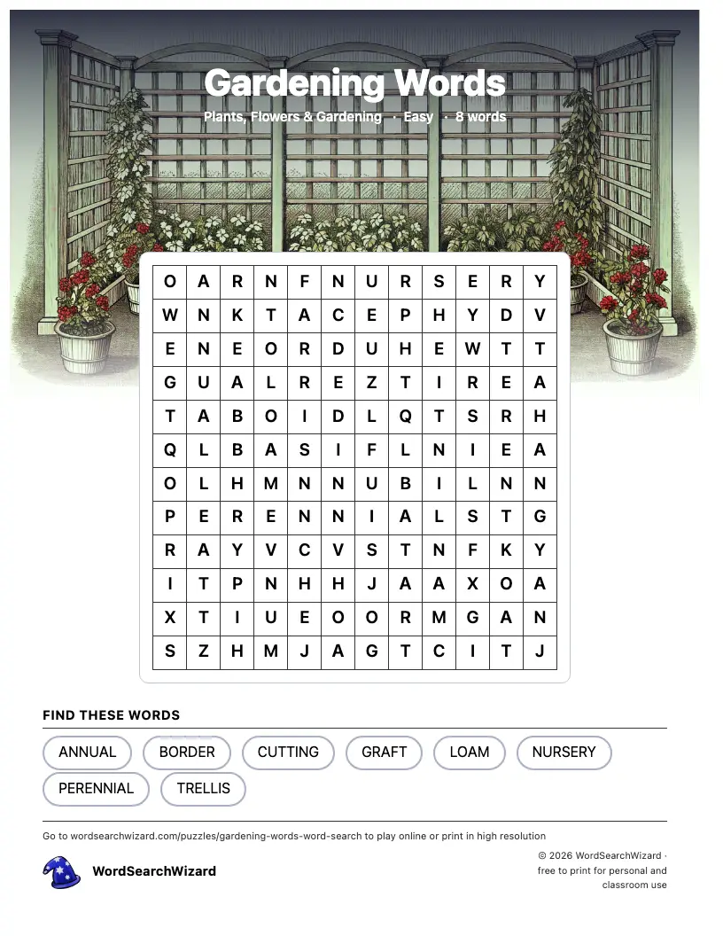 Gardening Words word search printable sheet, 8 words to find