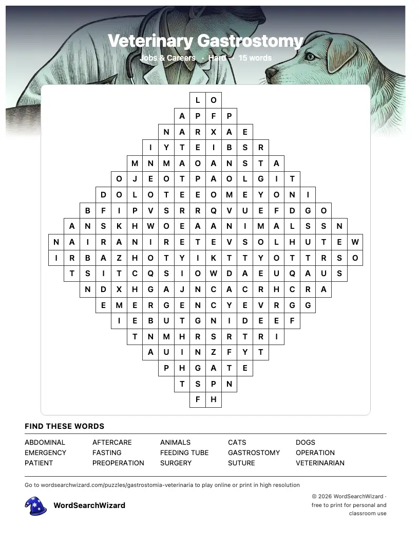 Veterinary Gastrostomy word search printable sheet, 15 words to find