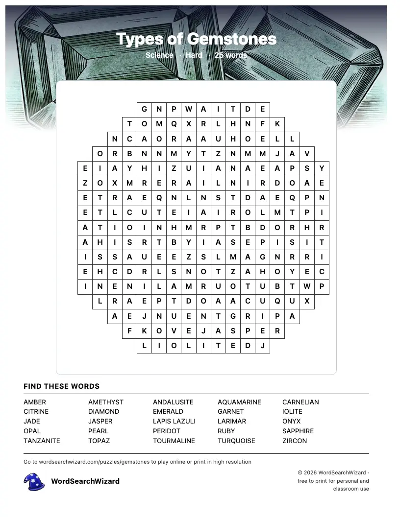 Types of Gemstones word search printable sheet, 25 words to find