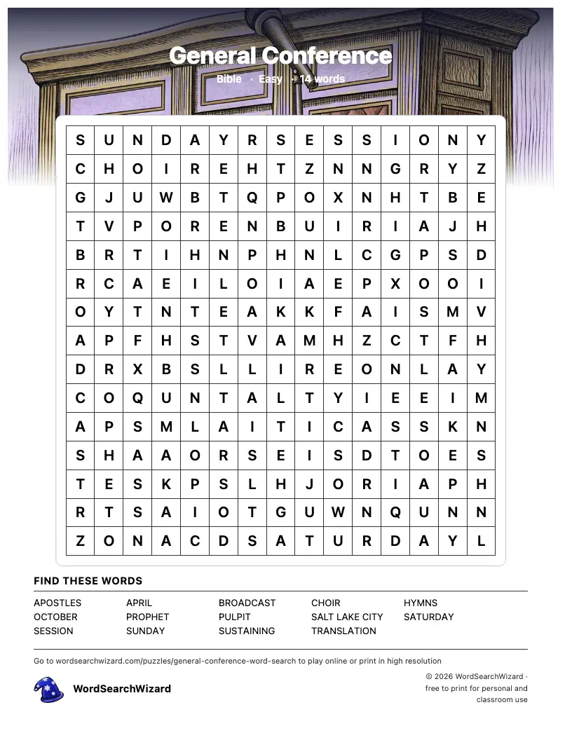 General Conference word search printable sheet, 14 words to find