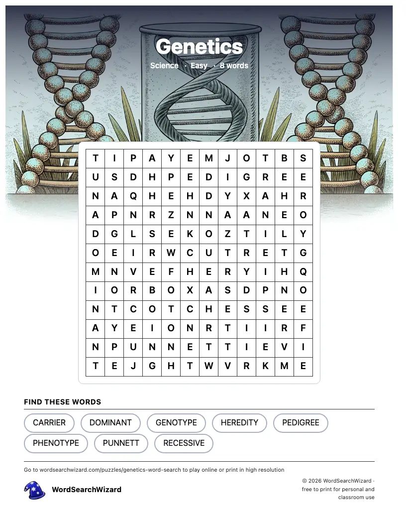 Genetics word search printable sheet, 8 words to find