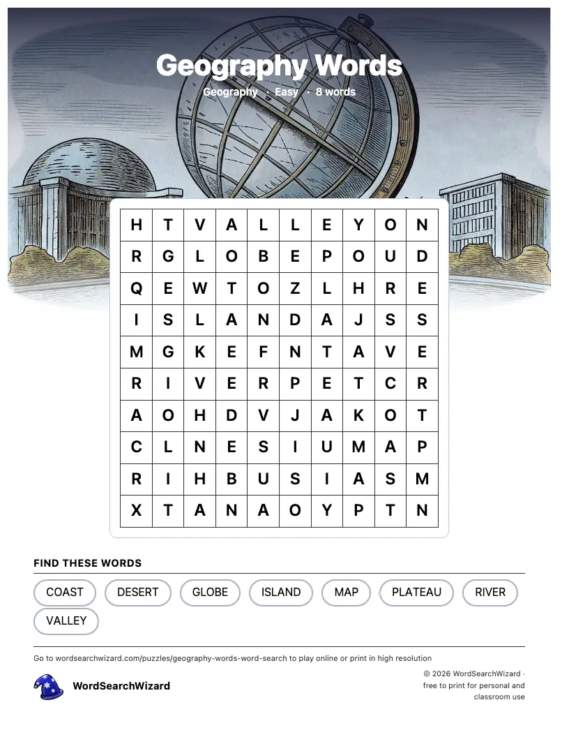 Geography Words word search printable sheet, 8 words to find