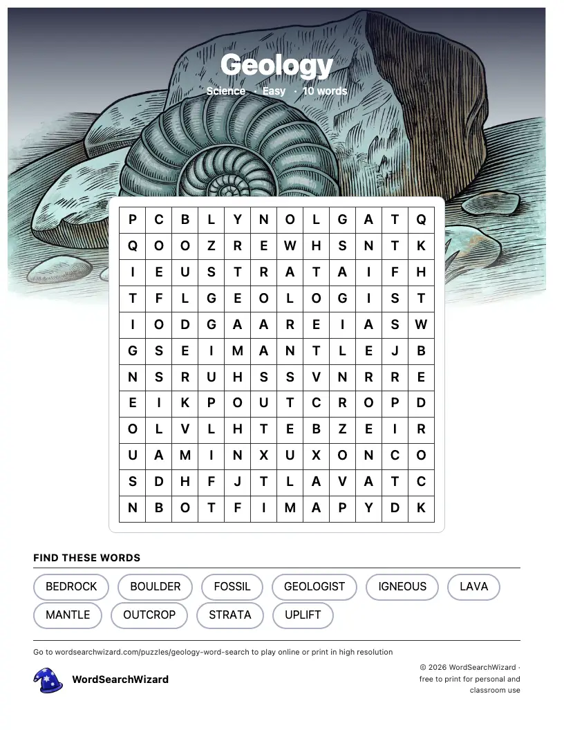 Geology word search printable sheet, 10 words to find