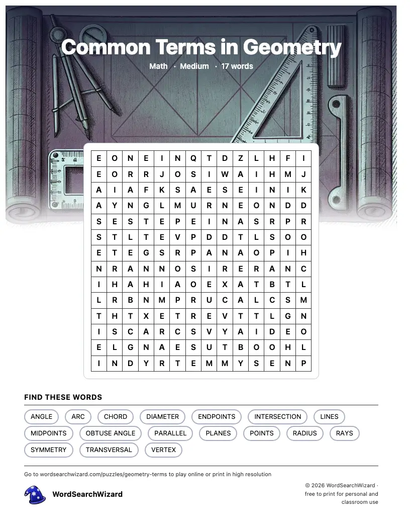 Common Terms in Geometry word search printable sheet, 17 words to find