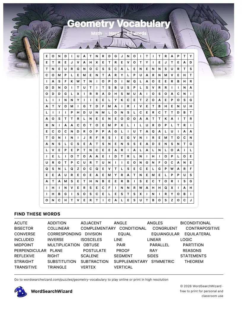 Geometry Vocabulary word search printable sheet, 52 words to find