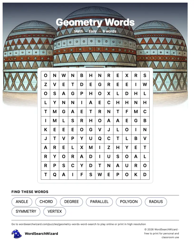 Geometry Words word search printable sheet, 8 words to find