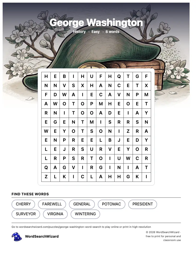 George Washington word search printable sheet, 8 words to find
