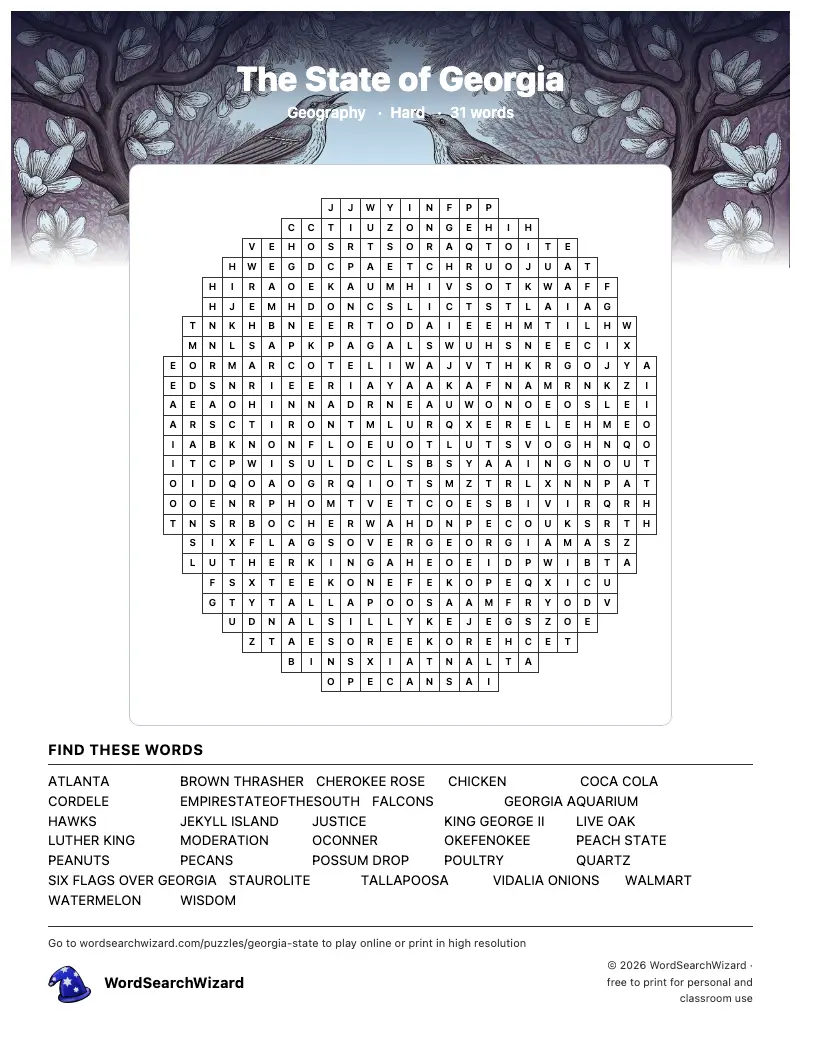 The State of Georgia word search printable sheet, 31 words to find