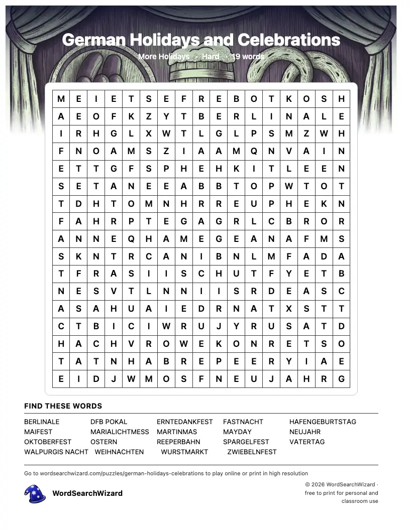 German Holidays and Celebrations word search printable sheet, 19 words to find