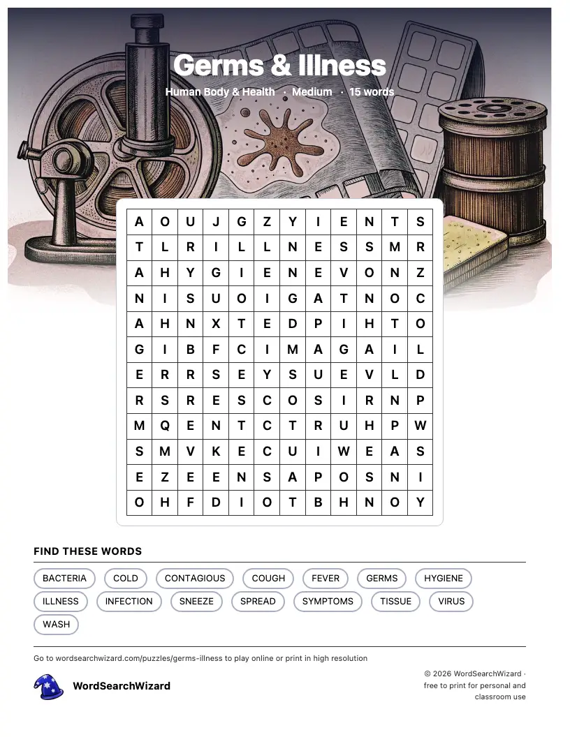 Germs & Illness word search printable sheet, 15 words to find