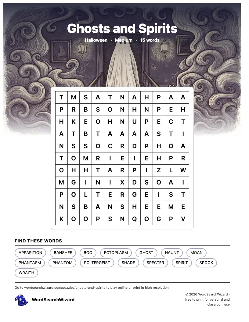 Ghosts and Spirits word search printable sheet, 15 words to find