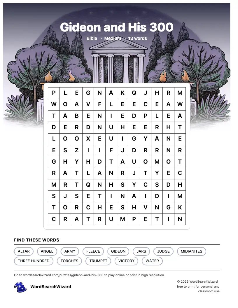 Gideon and His 300 word search printable sheet, 13 words to find