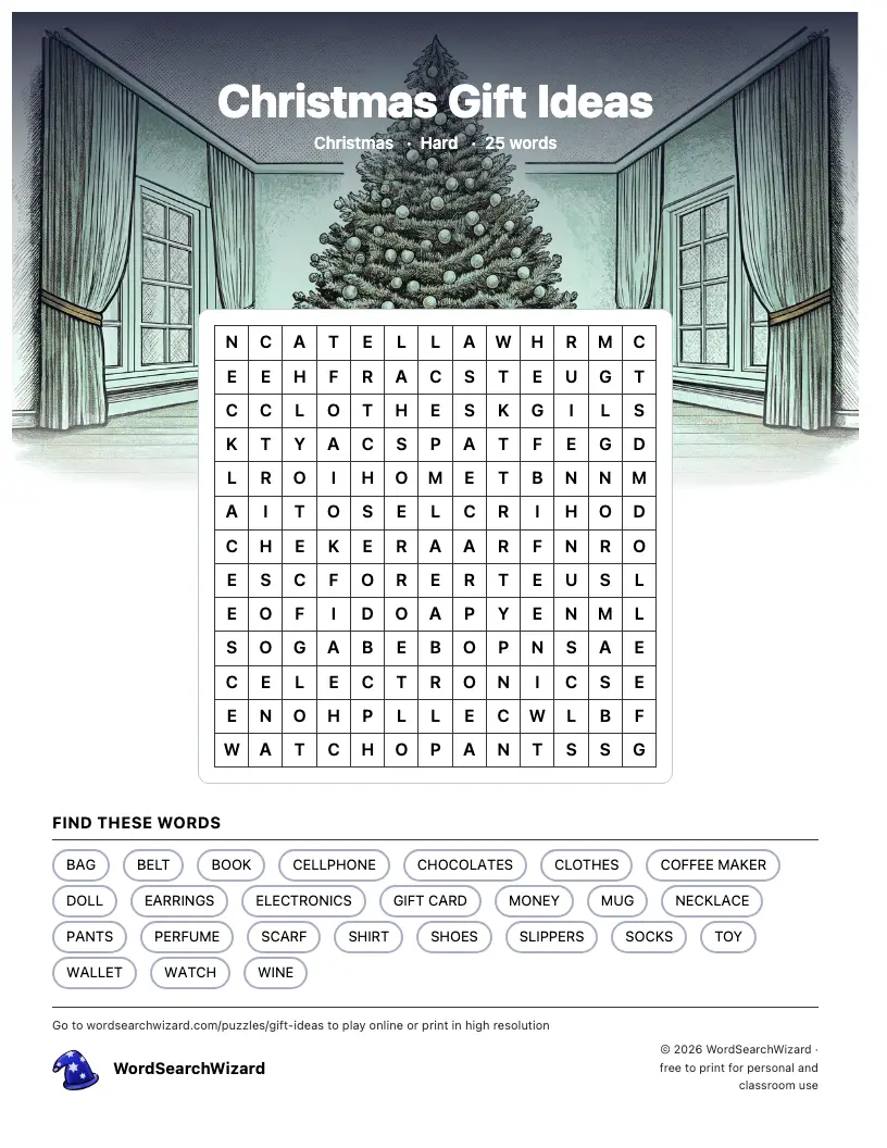 Christmas Gift Ideas word search printable sheet, 25 words to find
