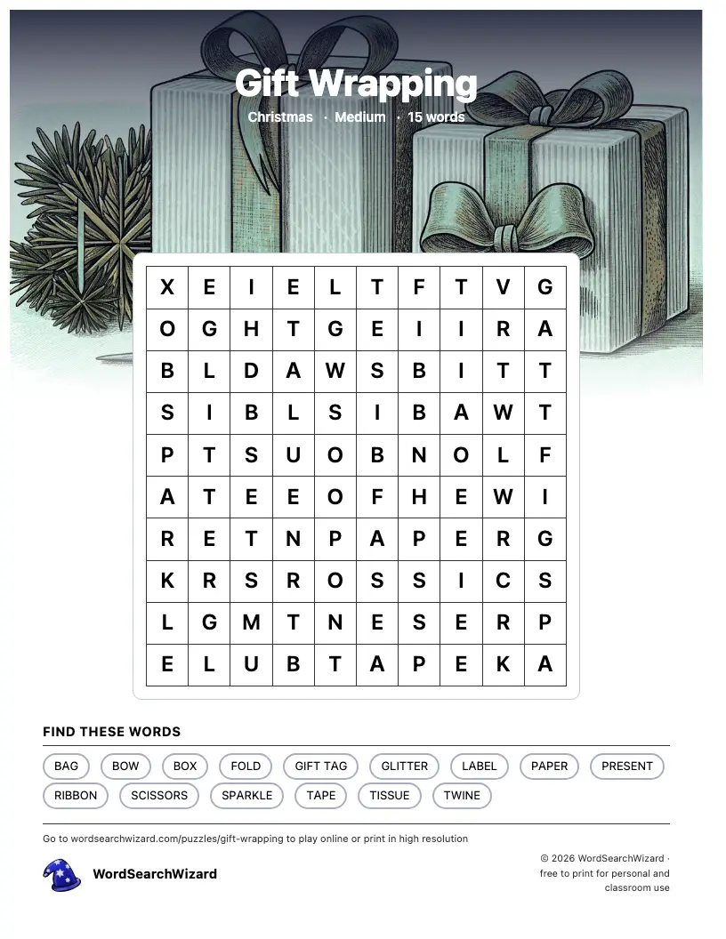 Gift Wrapping word search printable sheet, 15 words to find