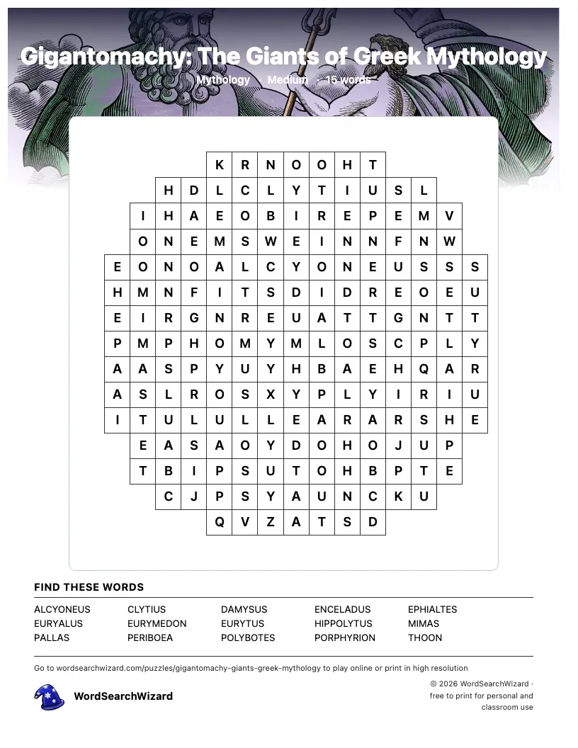 Gigantomachy: The Giants of Greek Mythology word search printable sheet, 15 words to find