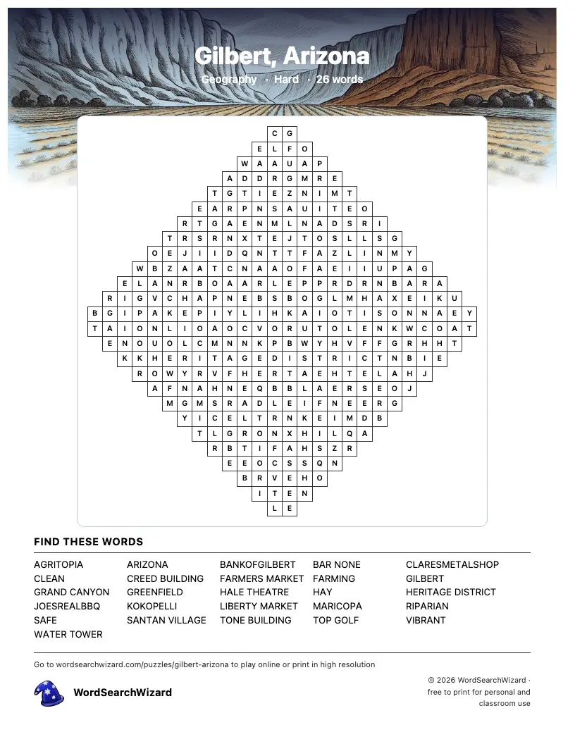 Gilbert, Arizona word search printable sheet, 26 words to find
