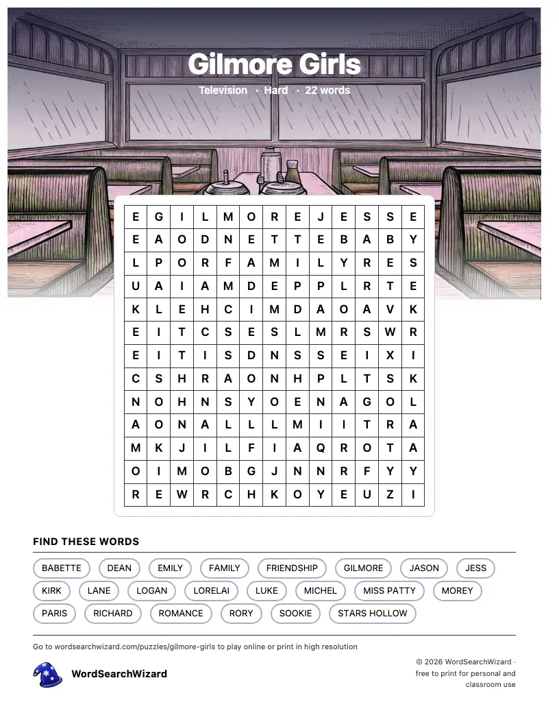 Gilmore Girls word search printable sheet, 22 words to find