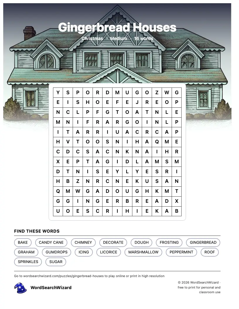 Gingerbread Houses word search printable sheet, 16 words to find