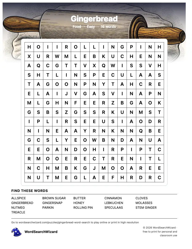 Gingerbread word search printable sheet, 16 words to find