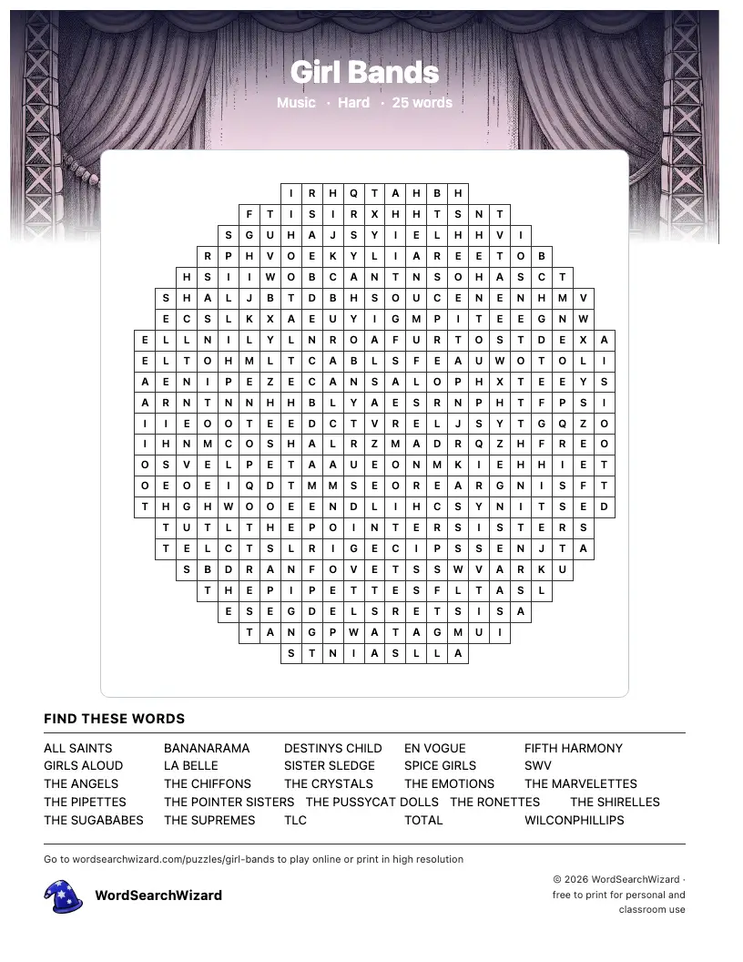 Girl Bands word search printable sheet, 25 words to find
