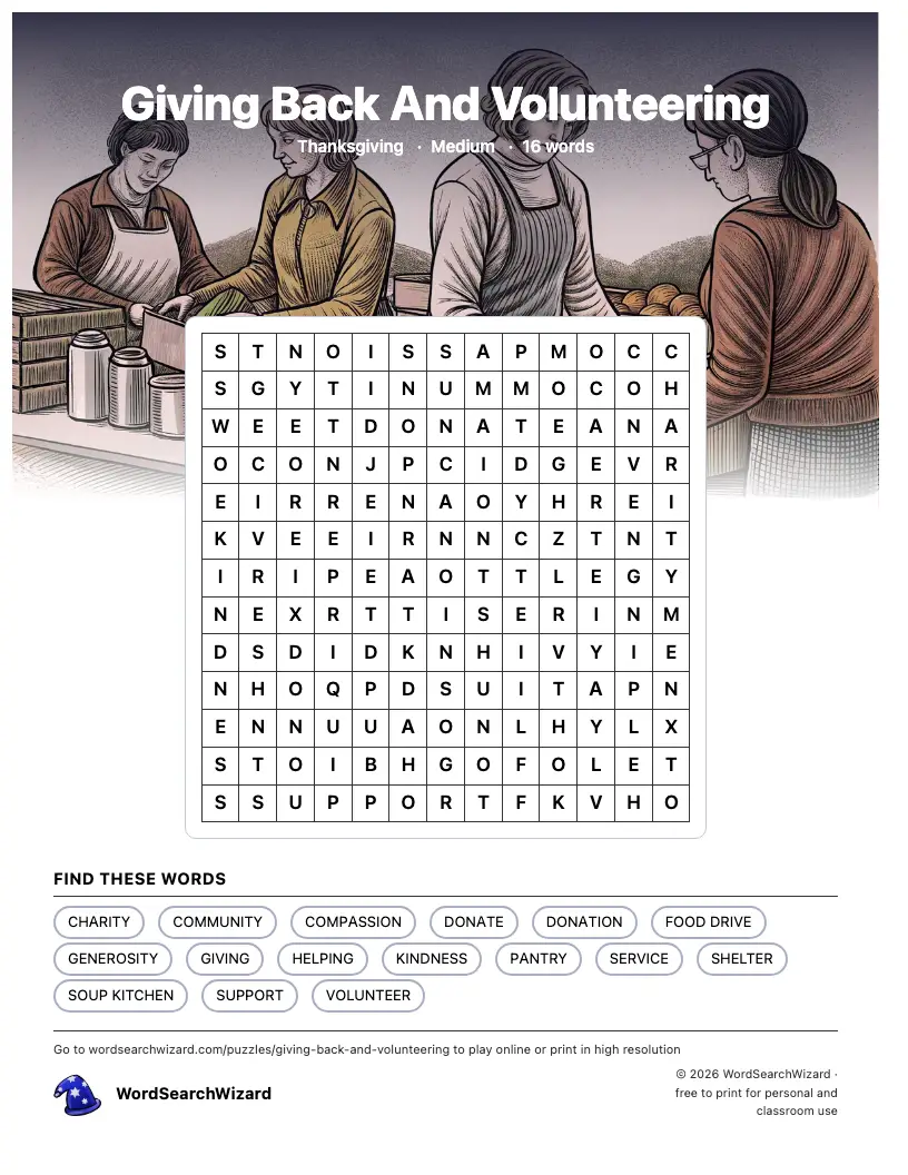 Giving Back And Volunteering word search printable sheet, 16 words to find