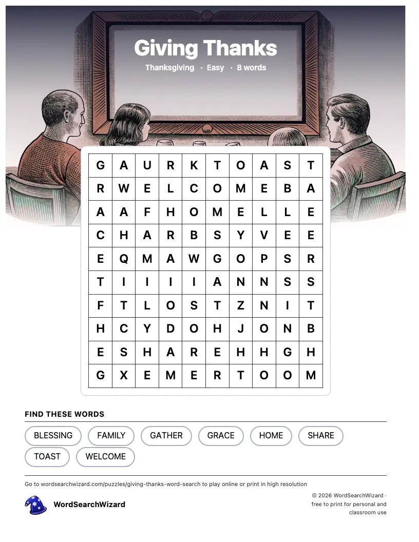 Giving Thanks word search printable sheet, 8 words to find