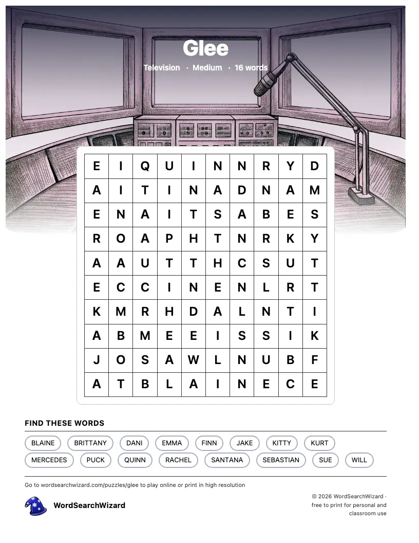 Glee word search printable sheet, 16 words to find