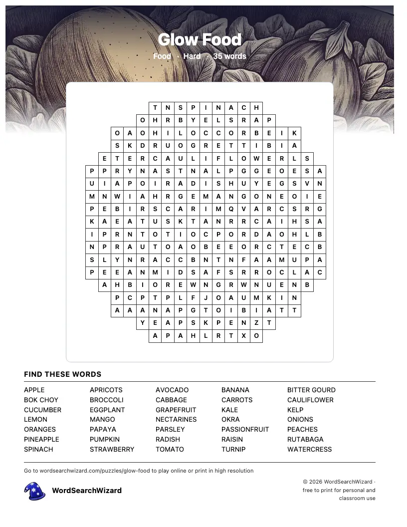 Glow Food word search printable sheet, 35 words to find