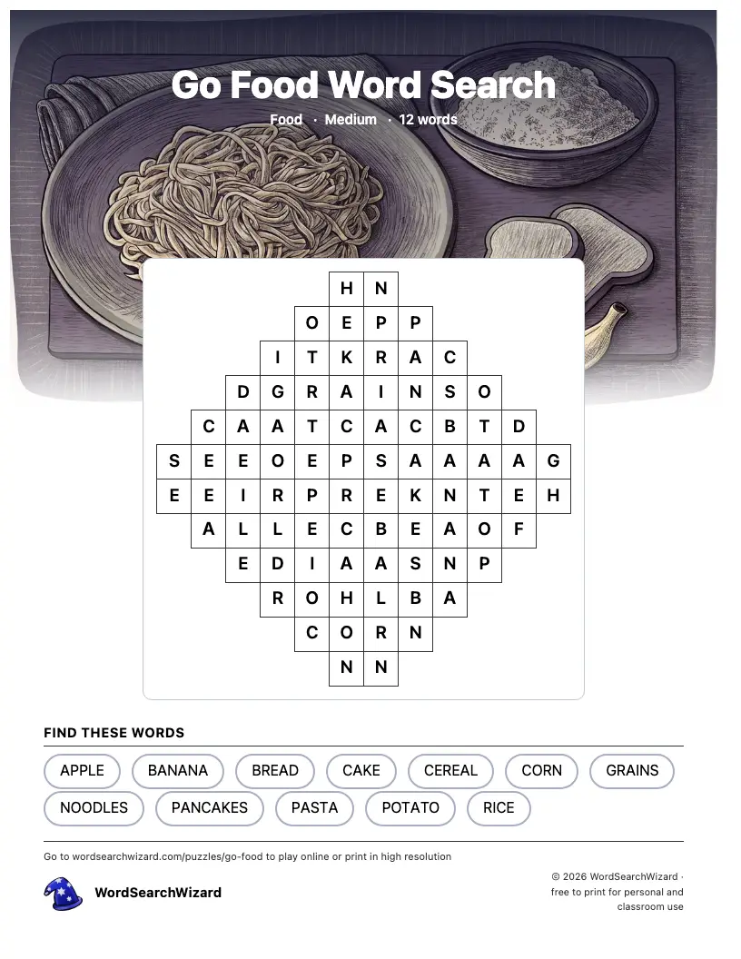 Go Food word search printable sheet, 12 words to find