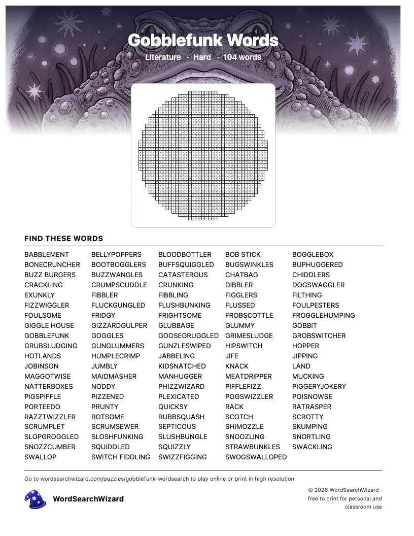 Gobblefunk Words word search printable sheet, 104 words to find
