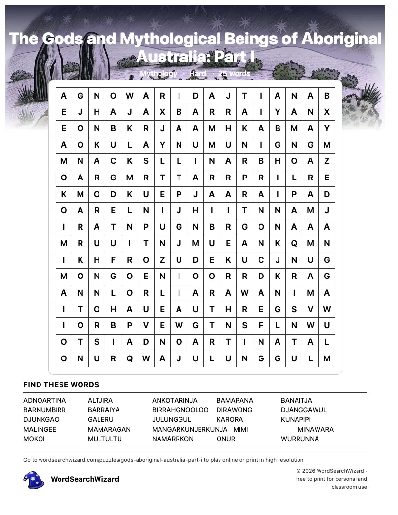 The Gods and Mythological Beings of Aboriginal Australia: Part I word search printable sheet, 25 words to find