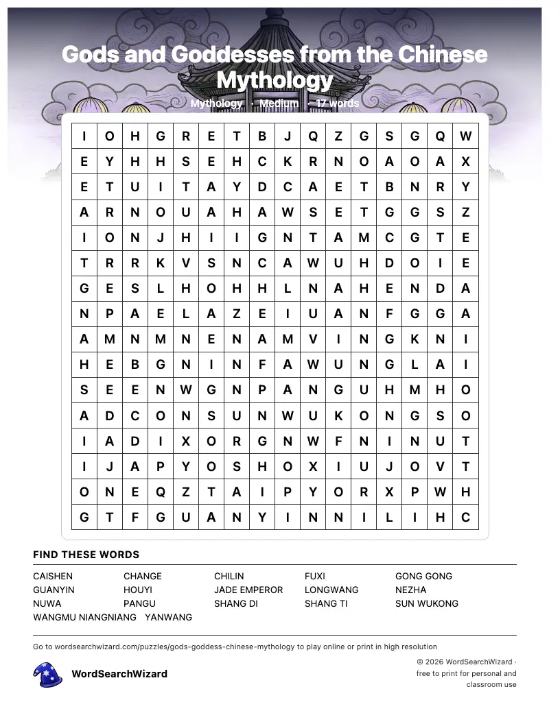Gods and Goddesses from the Chinese Mythology word search printable sheet, 17 words to find