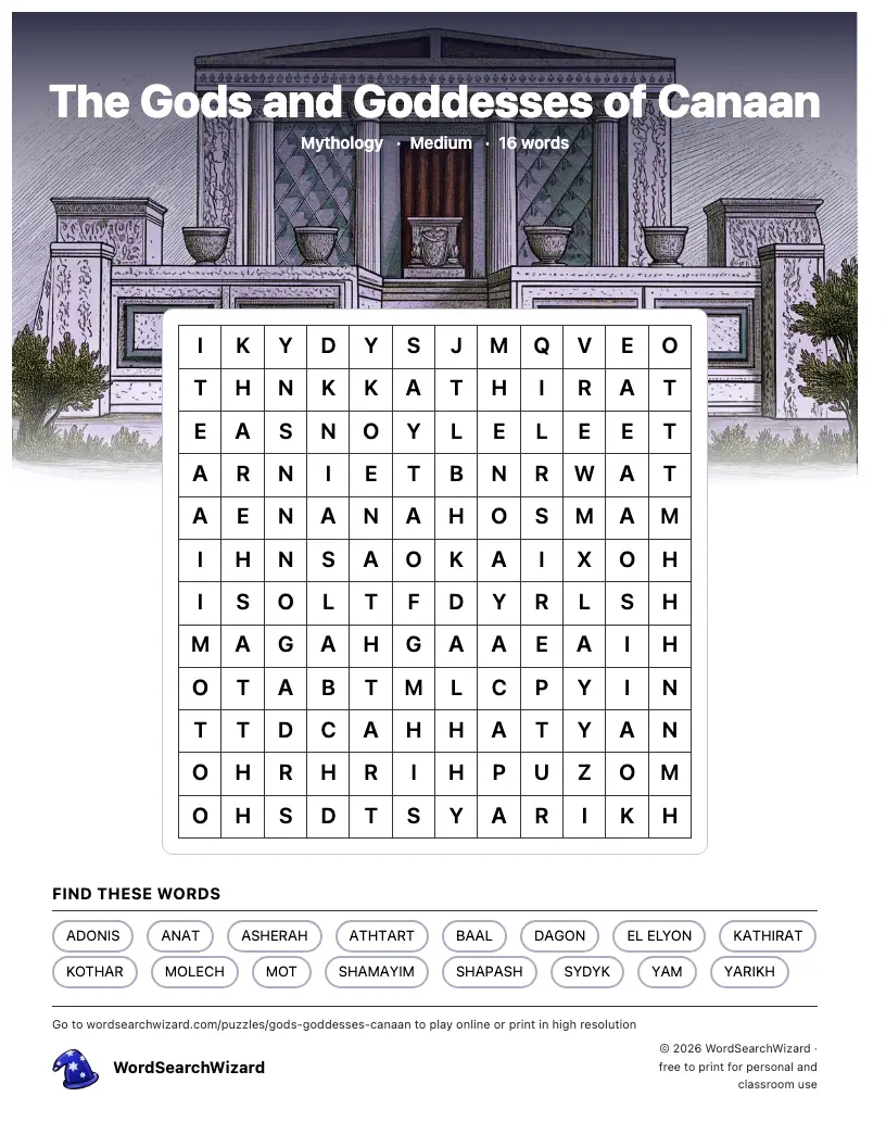 The Gods and Goddesses of Canaan word search printable sheet, 16 words to find