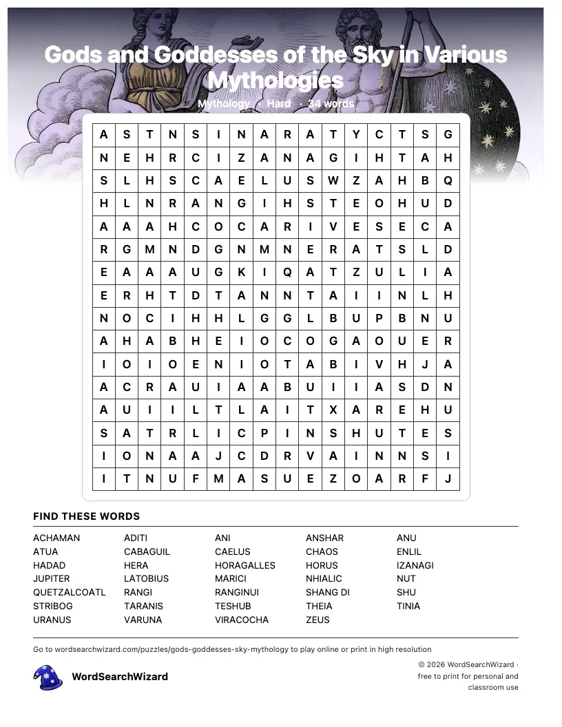 Gods and Goddesses of the Sky in Various Mythologies word search printable sheet, 34 words to find