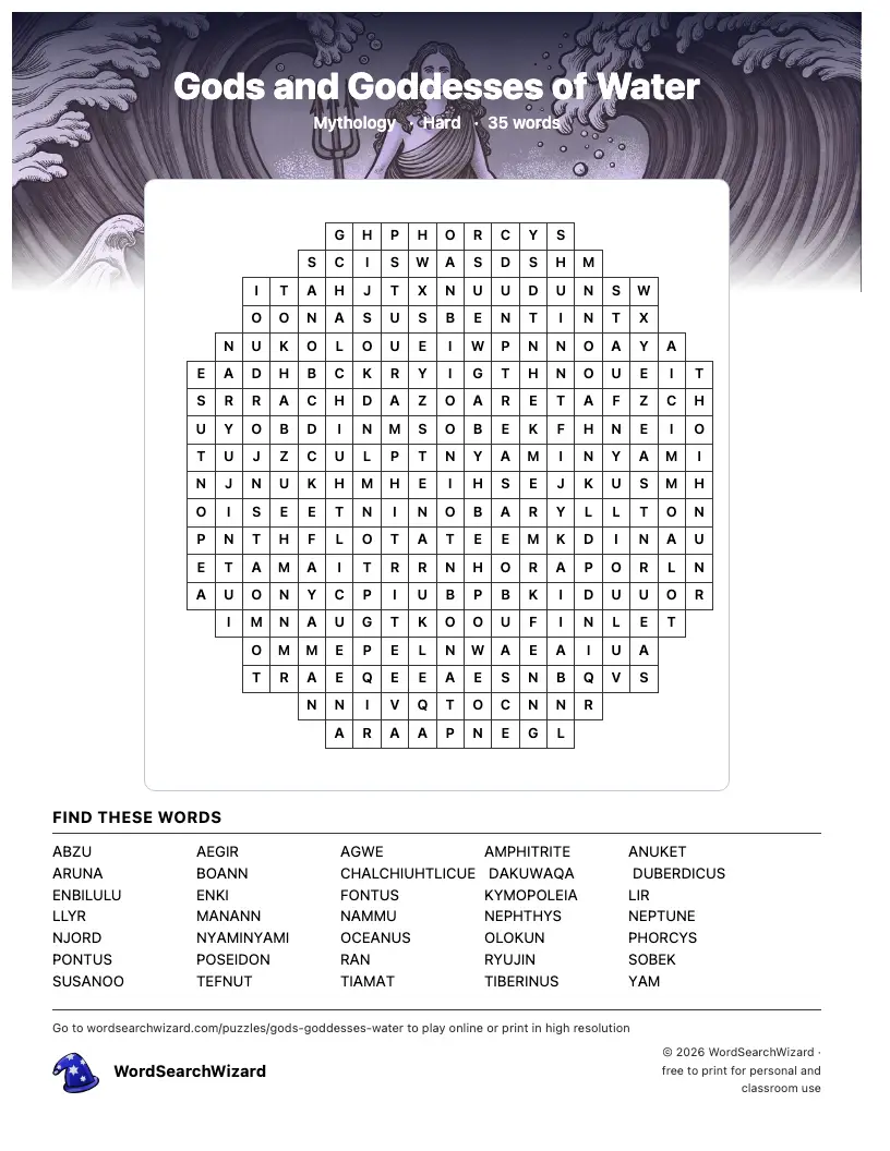 Gods and Goddesses of Water word search printable sheet, 35 words to find