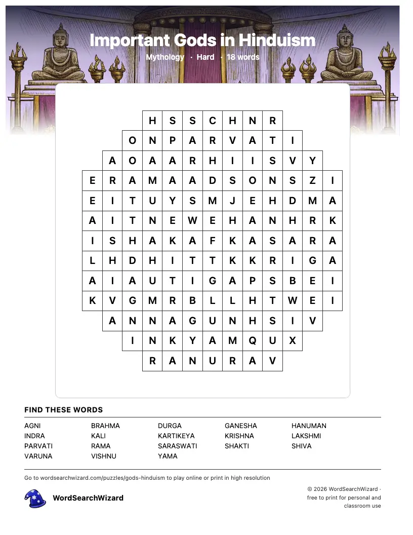 Important Gods in Hinduism word search printable sheet, 18 words to find