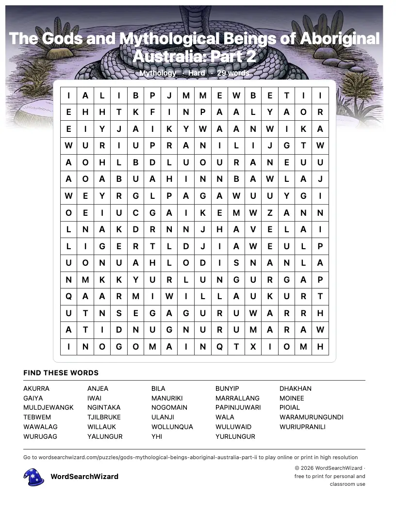 The Gods and Mythological Beings of Aboriginal Australia: Part 2 word search printable sheet, 29 words to find