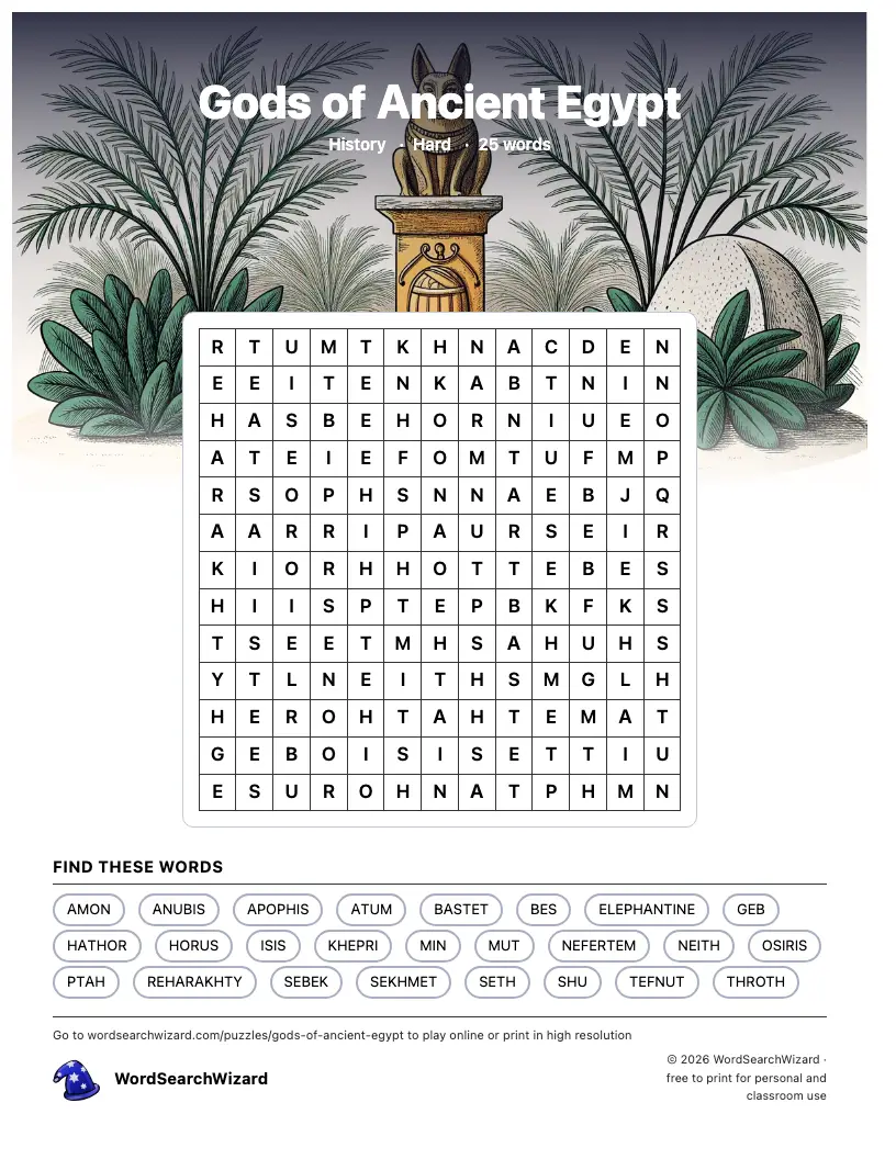 Gods of Ancient Egypt word search printable sheet, 25 words to find