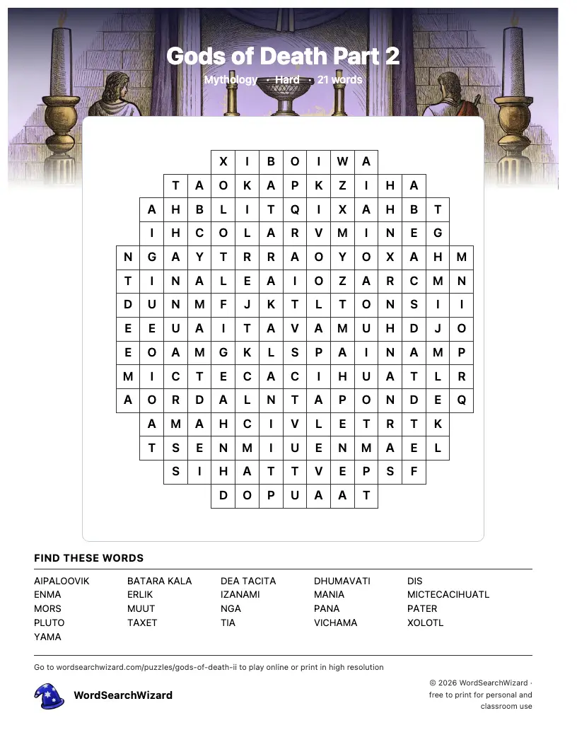 Gods of Death Part 2 word search printable sheet, 21 words to find