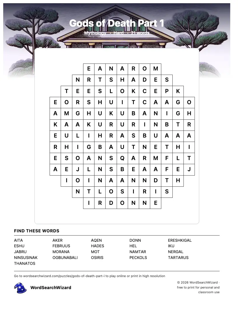 Gods of Death Part 1 word search printable sheet, 21 words to find