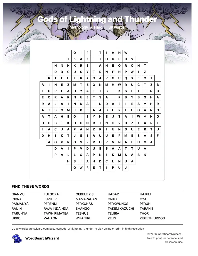 Gods of Lightning and Thunder word search printable sheet, 30 words to find