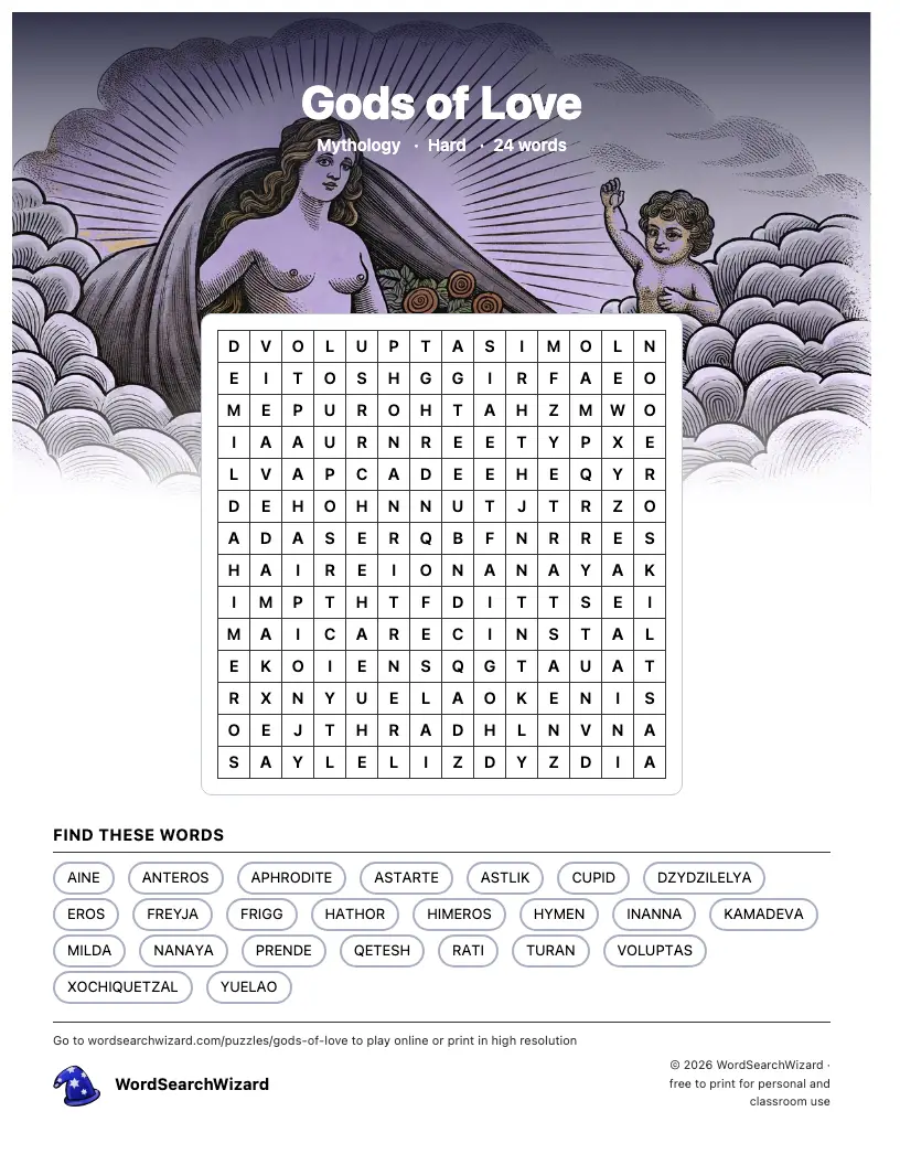 Gods of Love word search printable sheet, 24 words to find
