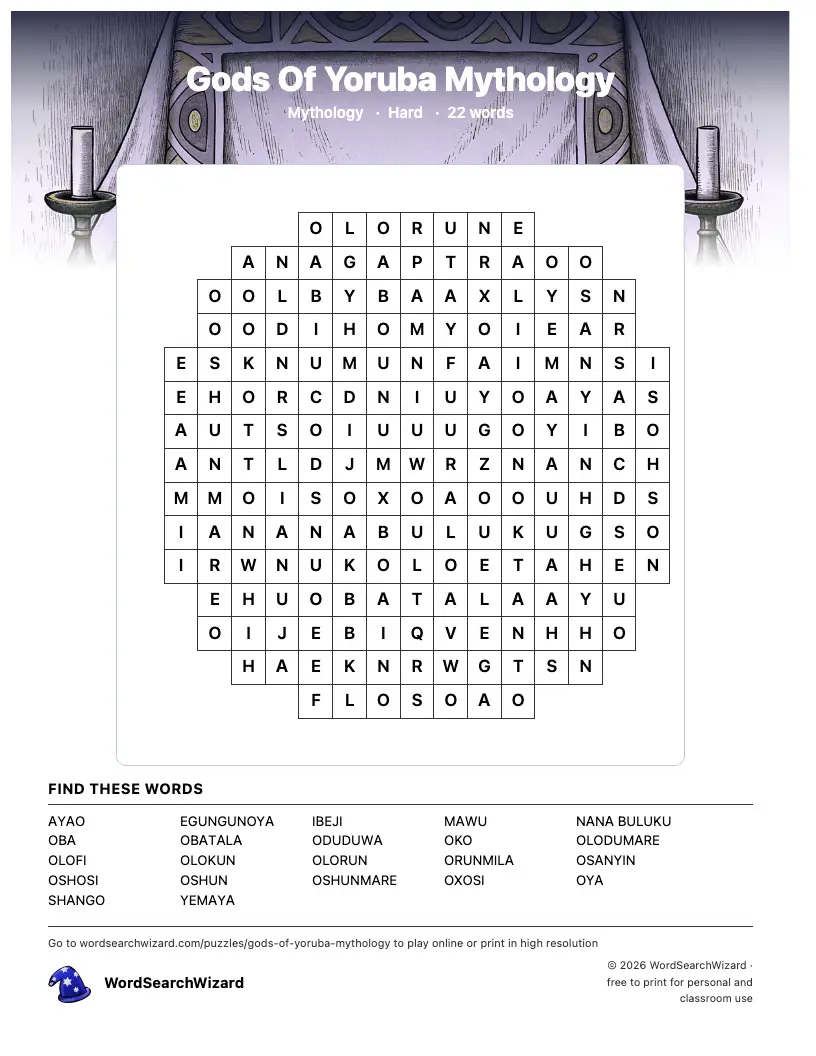 Gods Of Yoruba Mythology word search printable sheet, 22 words to find