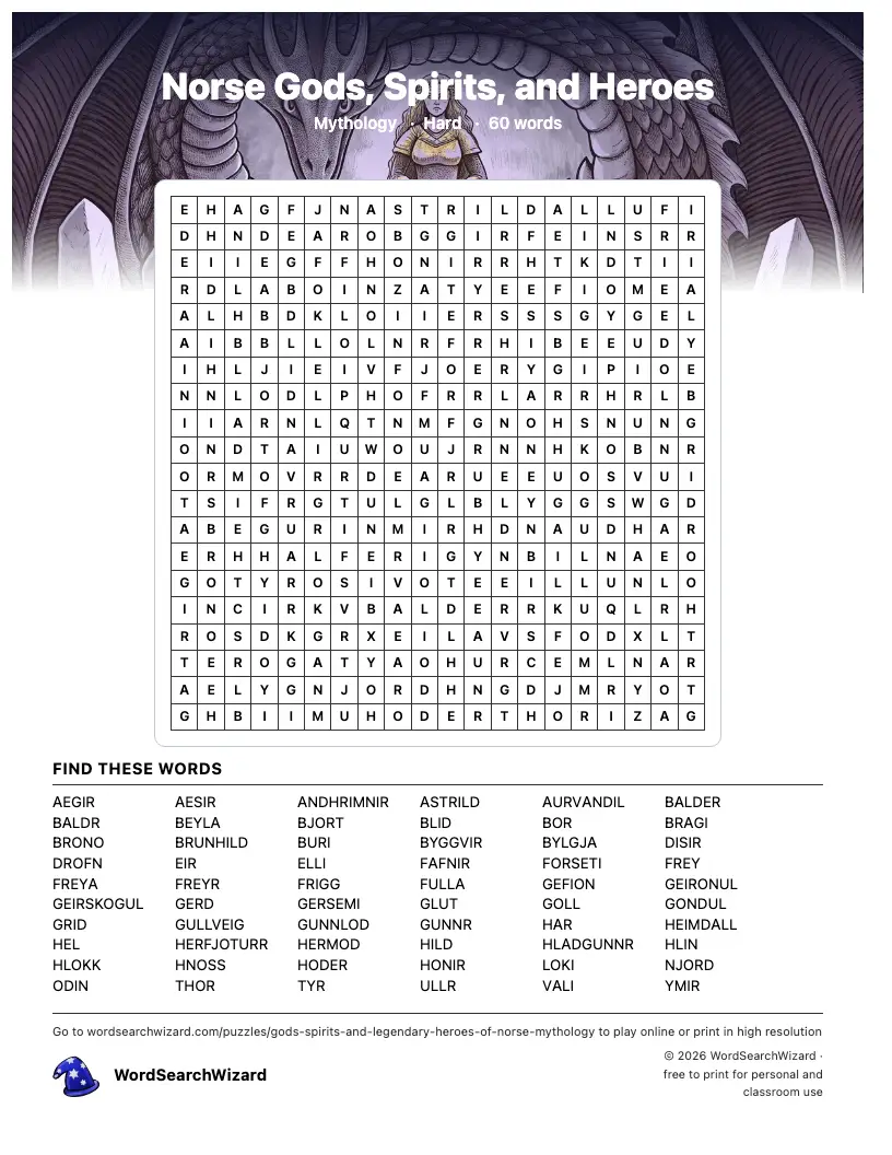 Norse Gods, Spirits, and Heroes word search printable sheet, 60 words to find