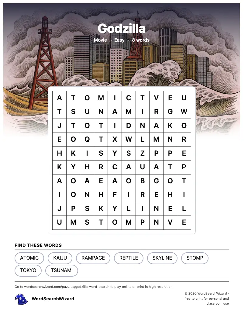 Godzilla word search printable sheet, 8 words to find