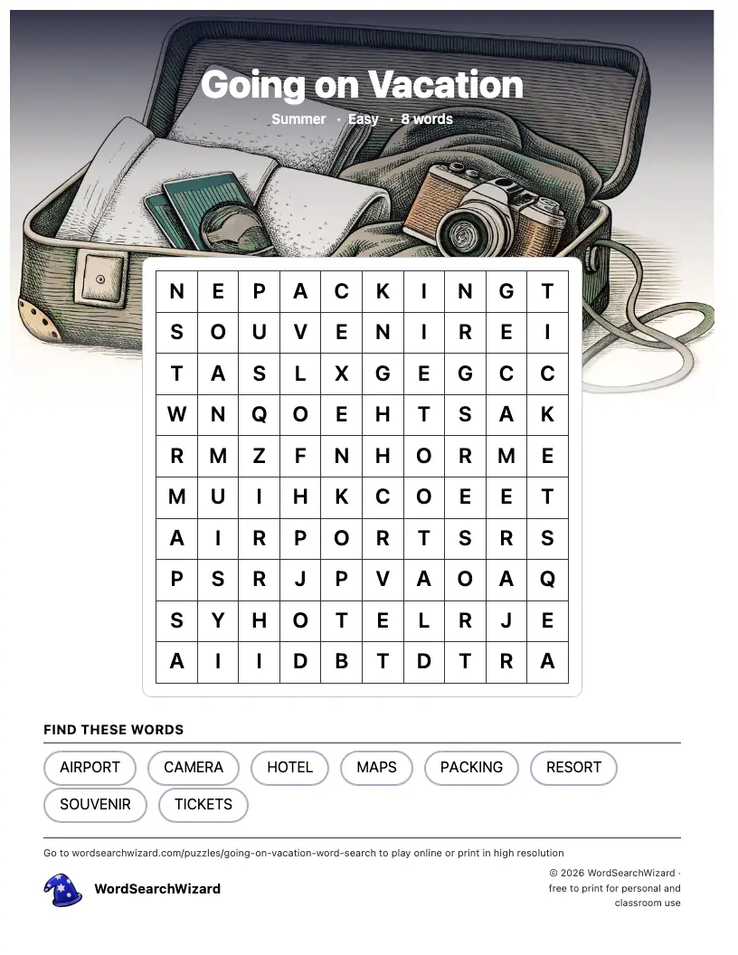 Going on Vacation word search printable sheet, 8 words to find