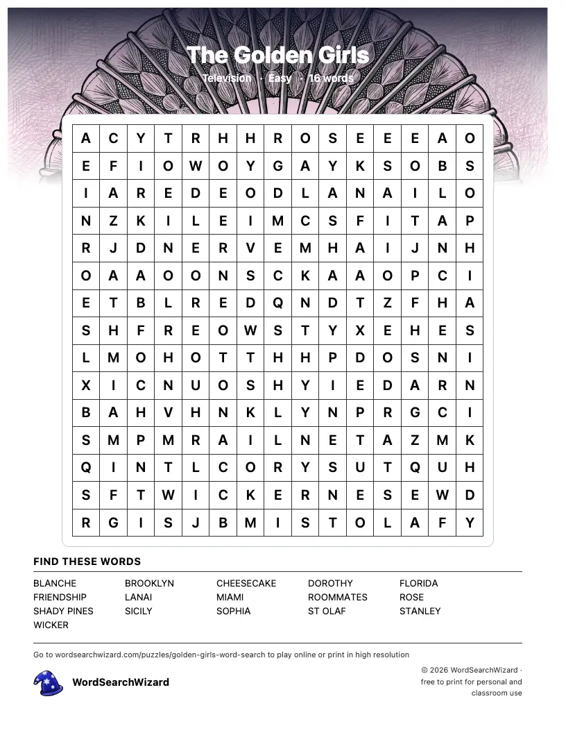 The Golden Girls word search printable sheet, 16 words to find