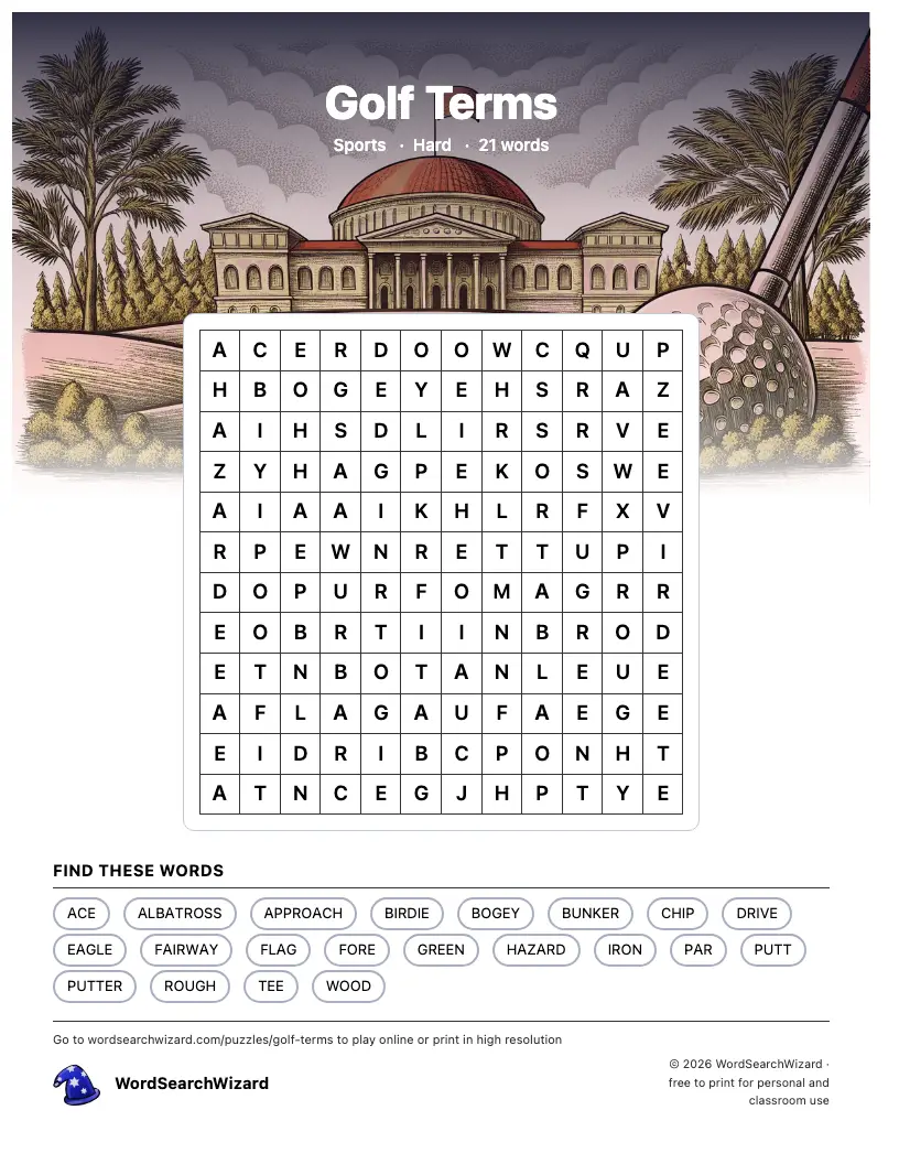 Golf Terms word search printable sheet, 21 words to find