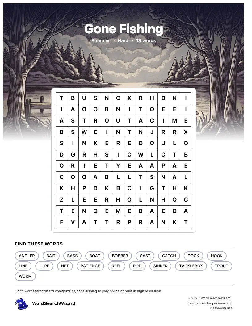 Gone Fishing word search printable sheet, 19 words to find