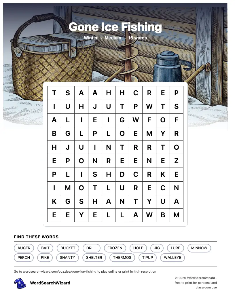 Gone Ice Fishing word search printable sheet, 16 words to find
